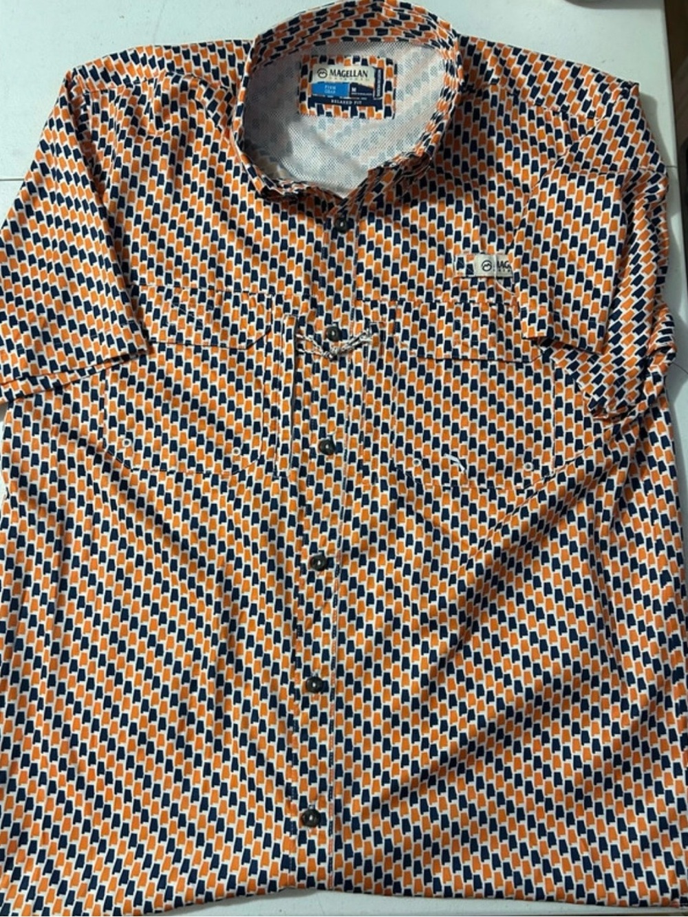 Magellan Outdoors Orange and Navy Geometric Print Button-Down Shirt
